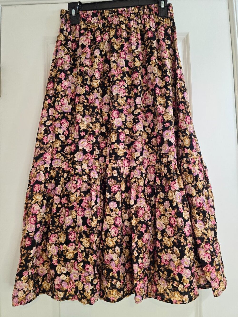 H&M Floral Tiered Midi Skirt - Black with Pink, Purple, and Tan Flowers